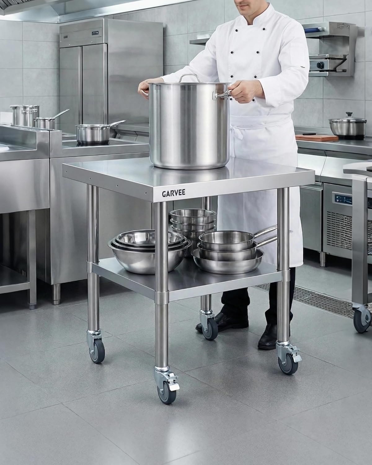 Stainless Steel Work Table w/Wheel Food Prep Table w/3Side Detachable Backsplash