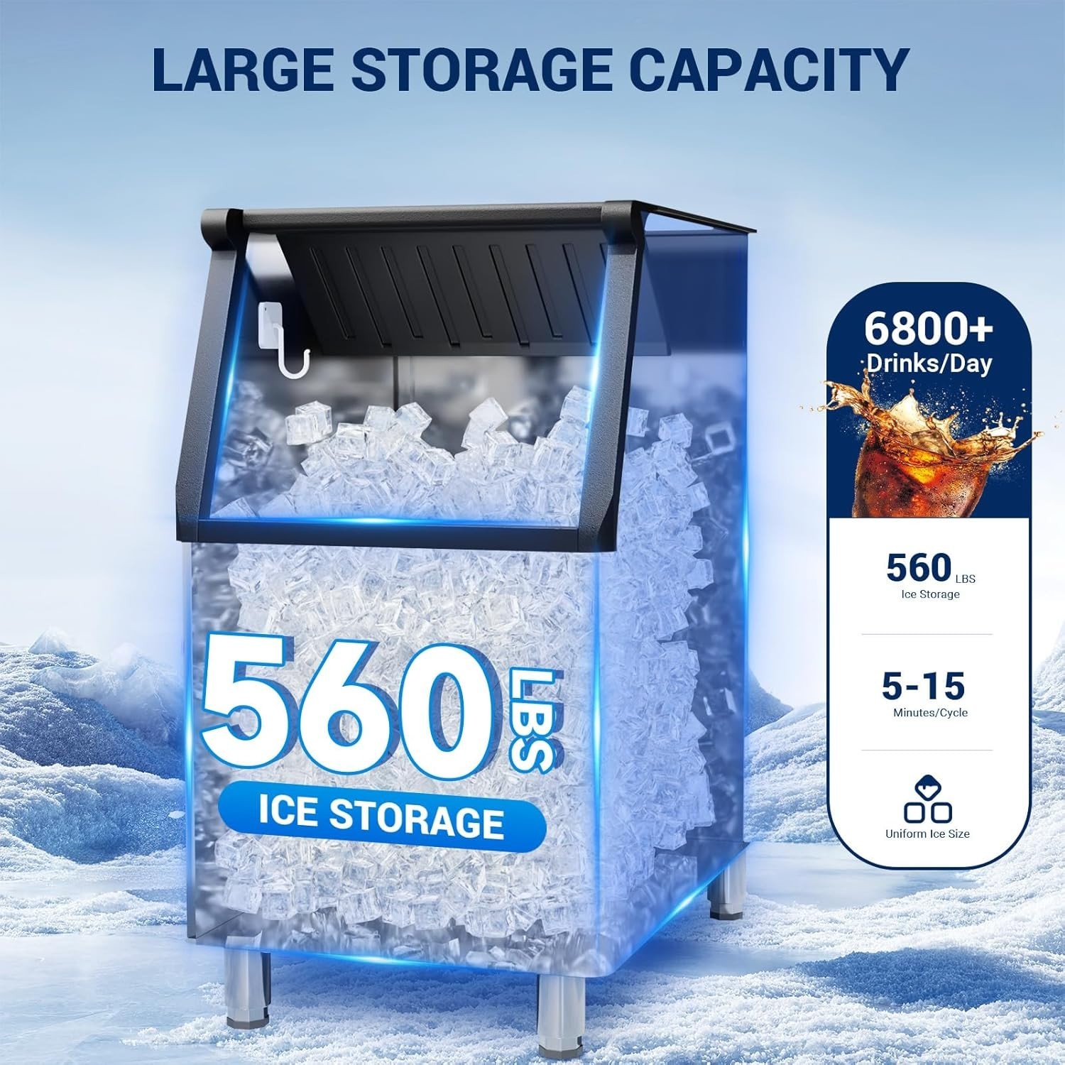 Commercial Ice Maker Machine 550lbs Ice Makers, 350lb Storage Auto Cleaning, ETL