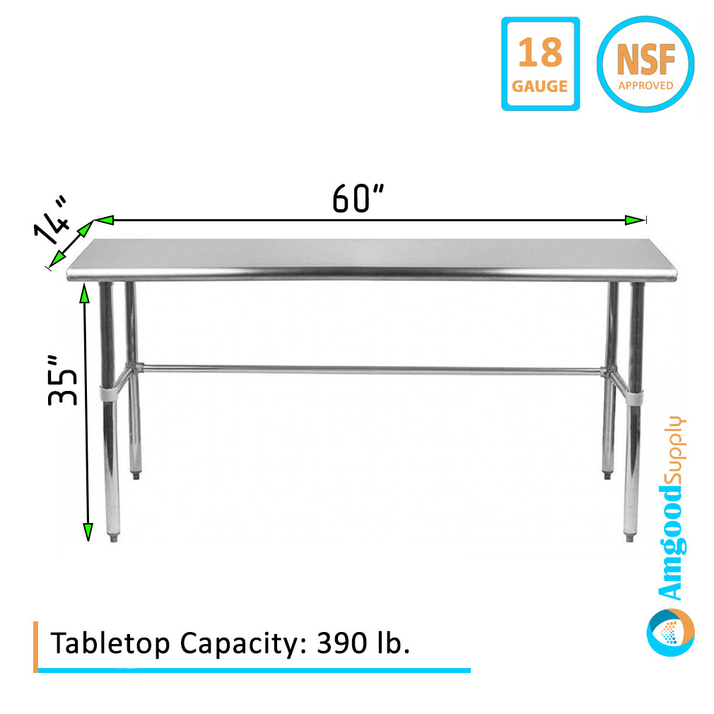 14″ X 60″ Stainless Steel Open Base Table | NSF Prep Metal Work Table