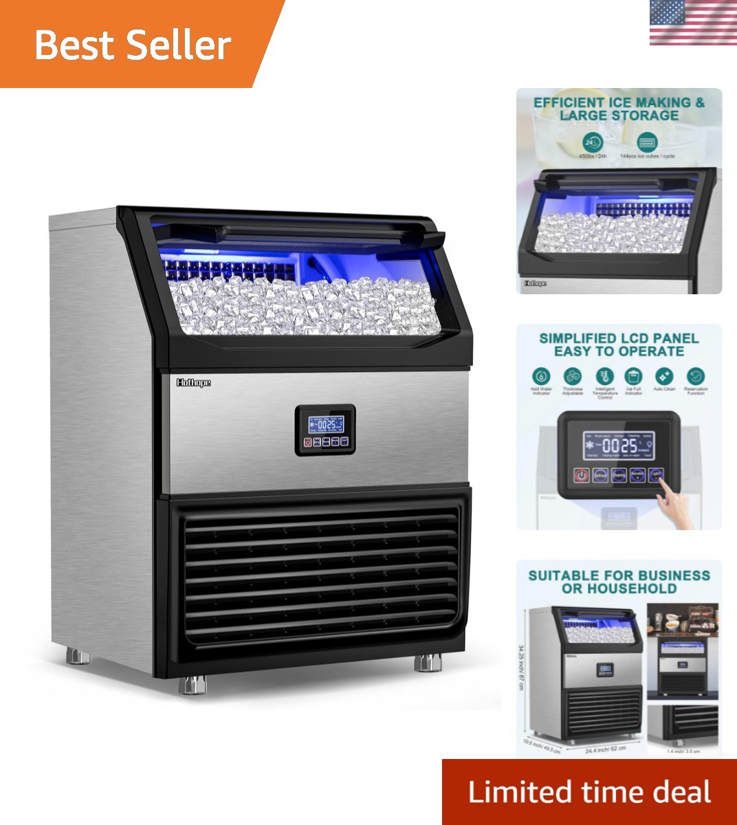 Professional 450LBS Ice Maker with 77LBS Storage – Ideal for Bars & Restaurants