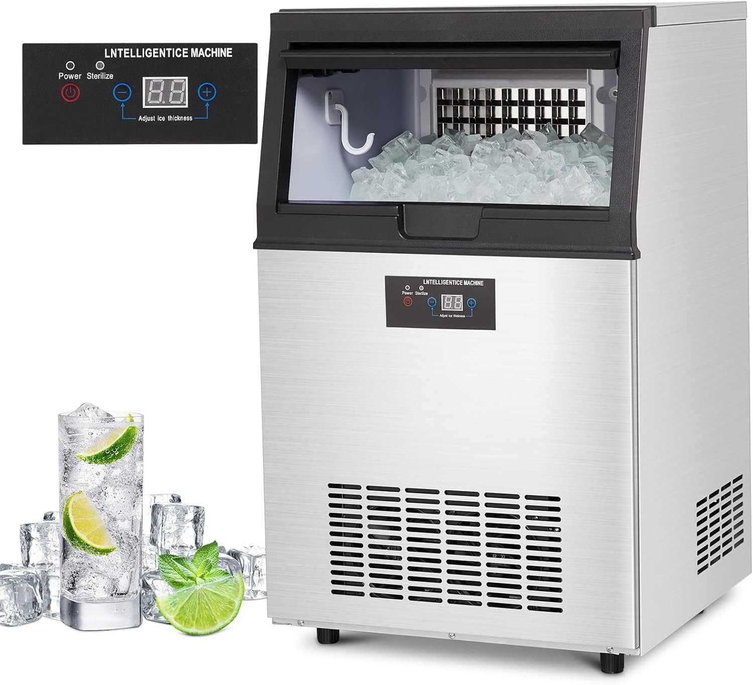 Commercial Ice Maker Machine 90lbs/24h w/ 30lbs Ice Storage Stainless Steel Bar