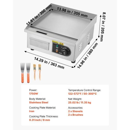 Commercial Electric Griddle, 13.98 x 11.81 inch, 1750W, 122-570°F Adjustable Te