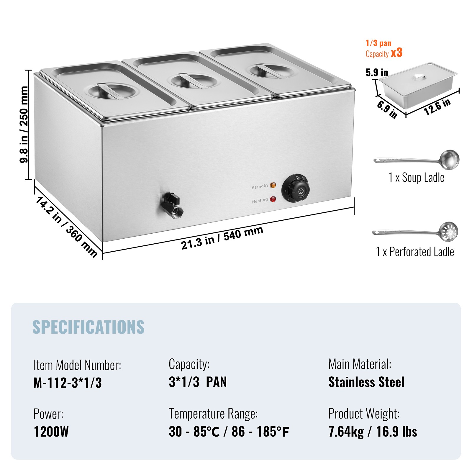 Commercial Electric Food Warmer 3-Pan Countertop Buffet 17.4QT Bain Marie