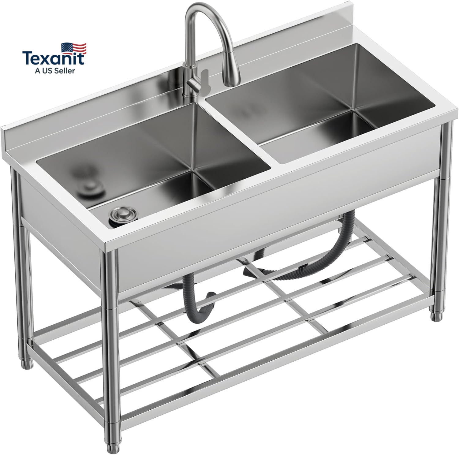 2-Compartment Commercial Sink, Stainless Steel Utility Sink with Pull-Out Faucet