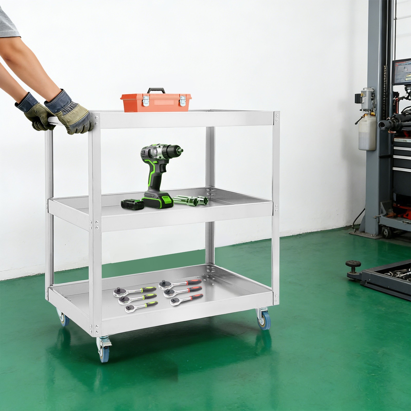 Stainless Steel Workshop Cart 3 Levels Multifunctional Cart W/ Wheels for Garage