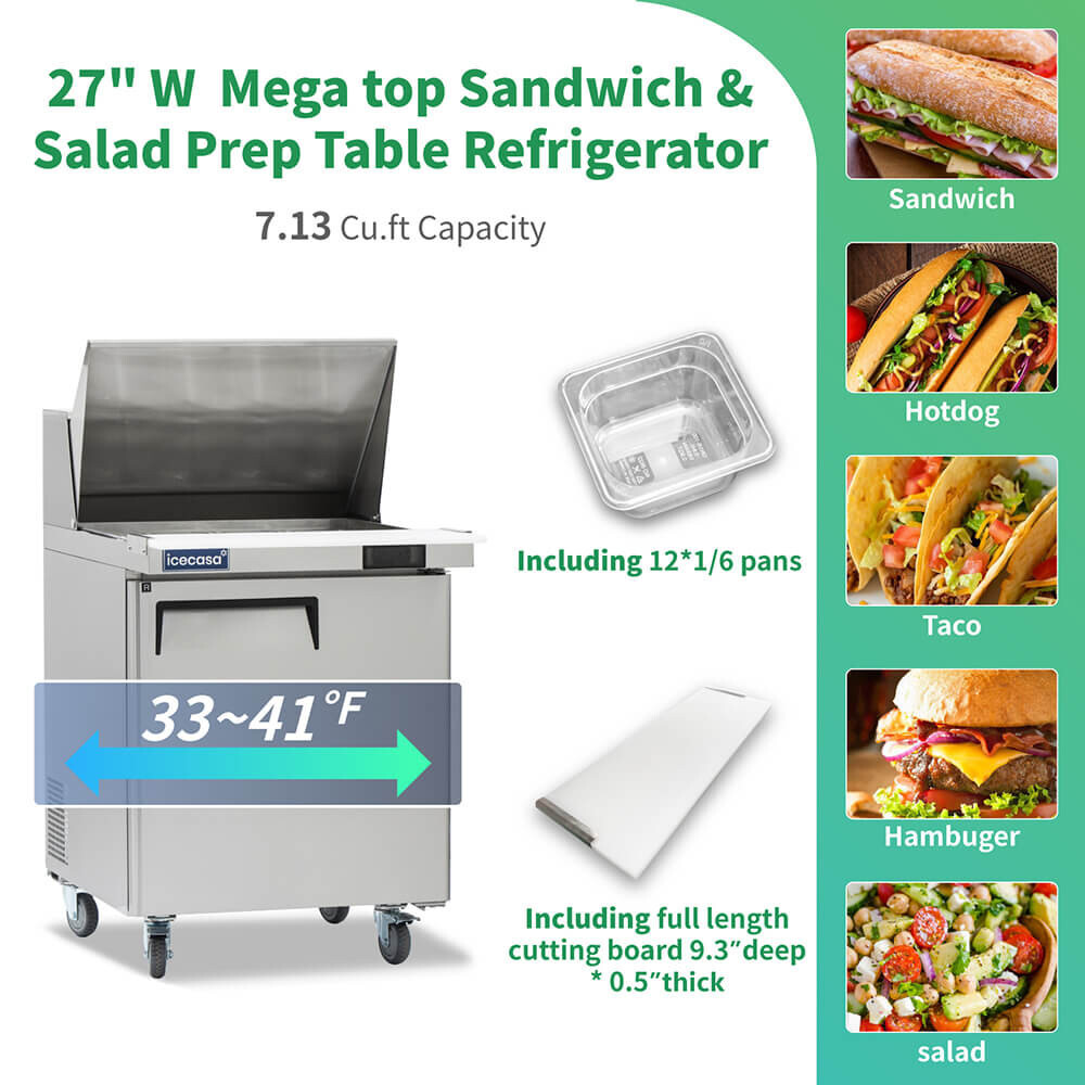27″ Mega Top Sandwich Prep Table Fridge, ICECASA 1 Door Food Bain Marie Cooler