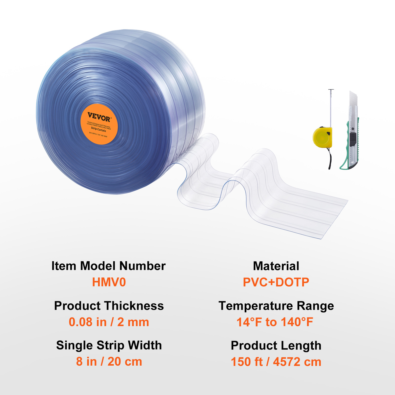VEVOR Strip Curtain Ribbed PVC Door Curtain 150’x8″ Roll Cooler Freezer Plastic