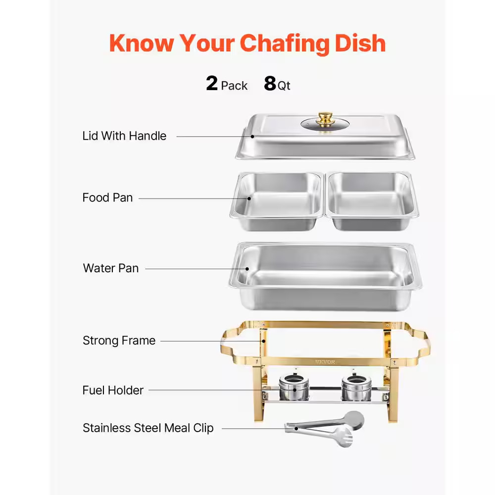 Chafing Dish Buffet Set, 4 Qt. Silver 2 Pack Stainless Steel with 4 Half Size Di