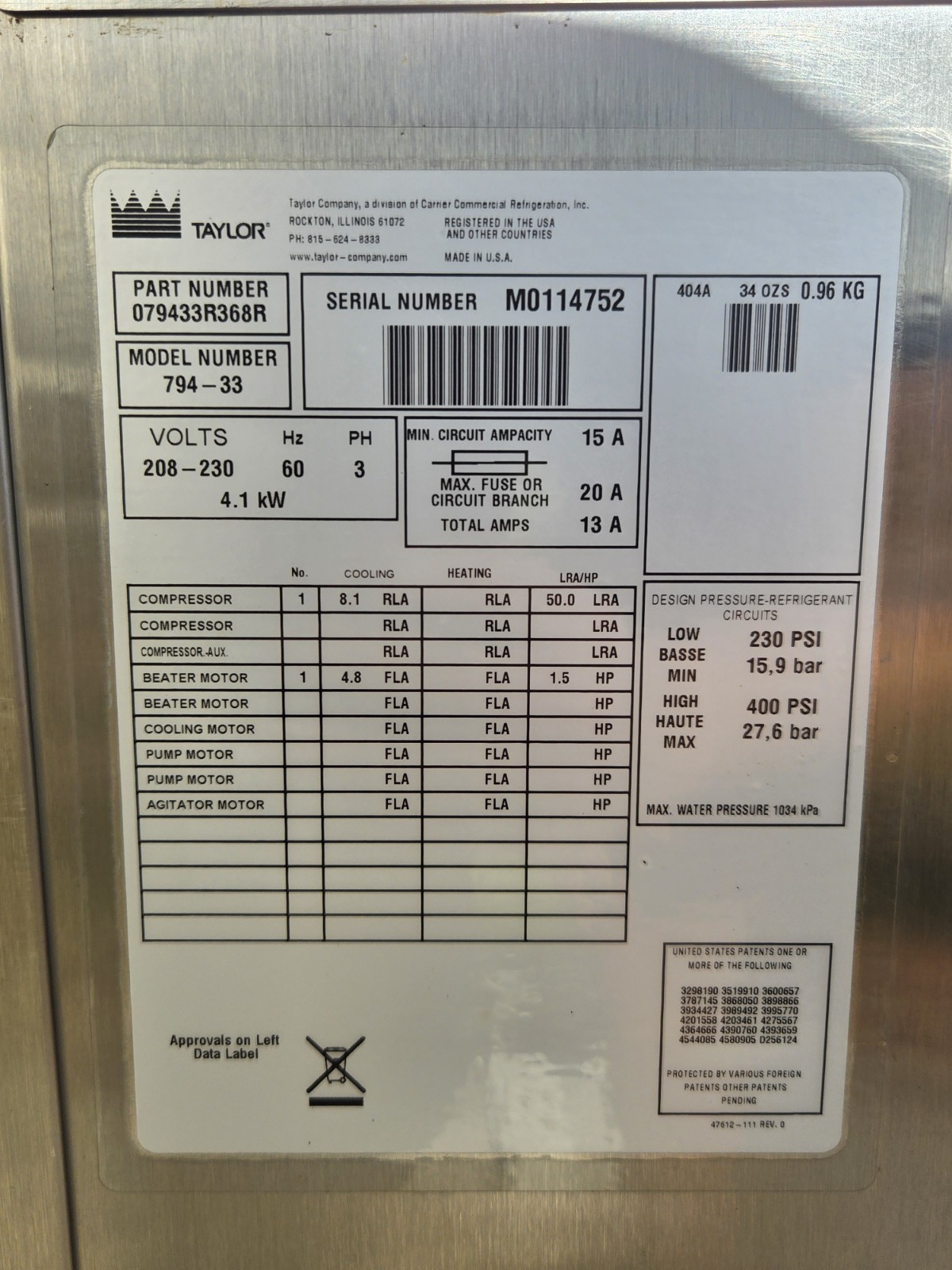 ONE Taylor ice cream machine 794-33 Water cooled, 3ph
