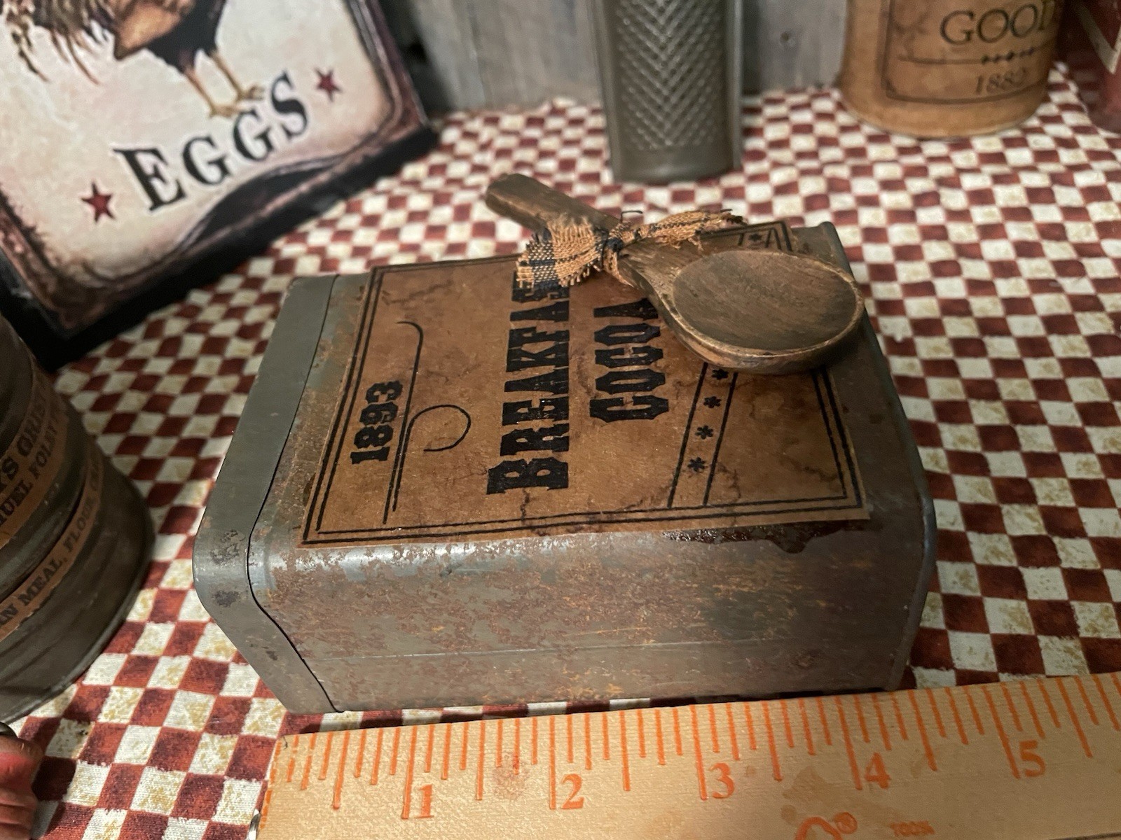 VTG REPURPOSED Primitive Farmhouse OLD METAL BREAKFAST COCOA CAN + WOODEN SPOON