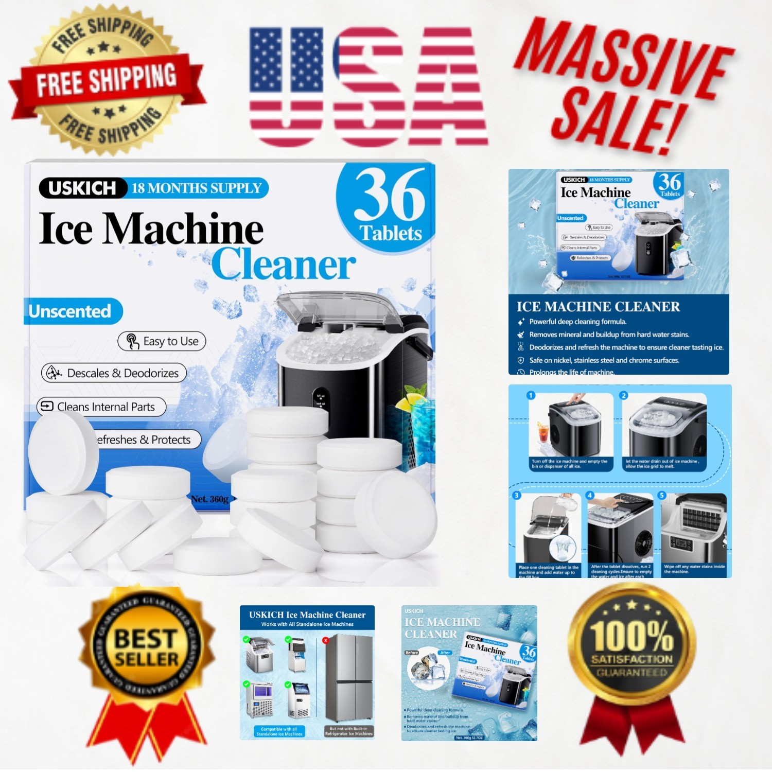 Crystal Clear Ice Maker Cleaner Tablets – 36 Count Compatible with TOP Brands