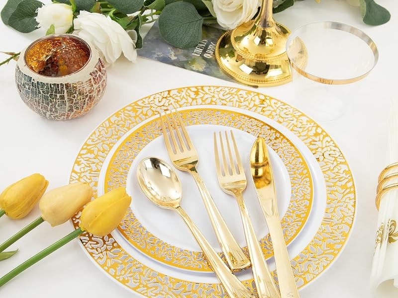 210Pcs Gold Plastic Dinnerware – Disposable Silverware and Cups, Include:30