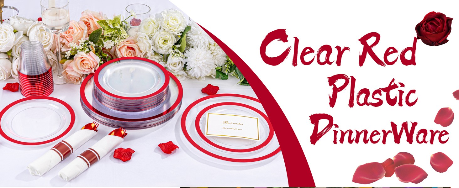 210 Pcs Red Plates Set,Clear and Red Plastic Plate Include 60 Plates,30 Cups,30