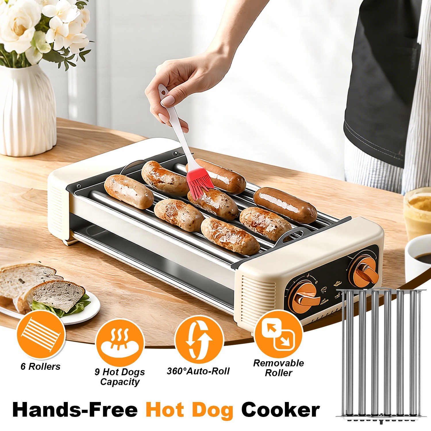 3IN1 Hot Dog Roller Machine with Grill & Griddle Cooker 600W 9 Hot Dog 6 Roller