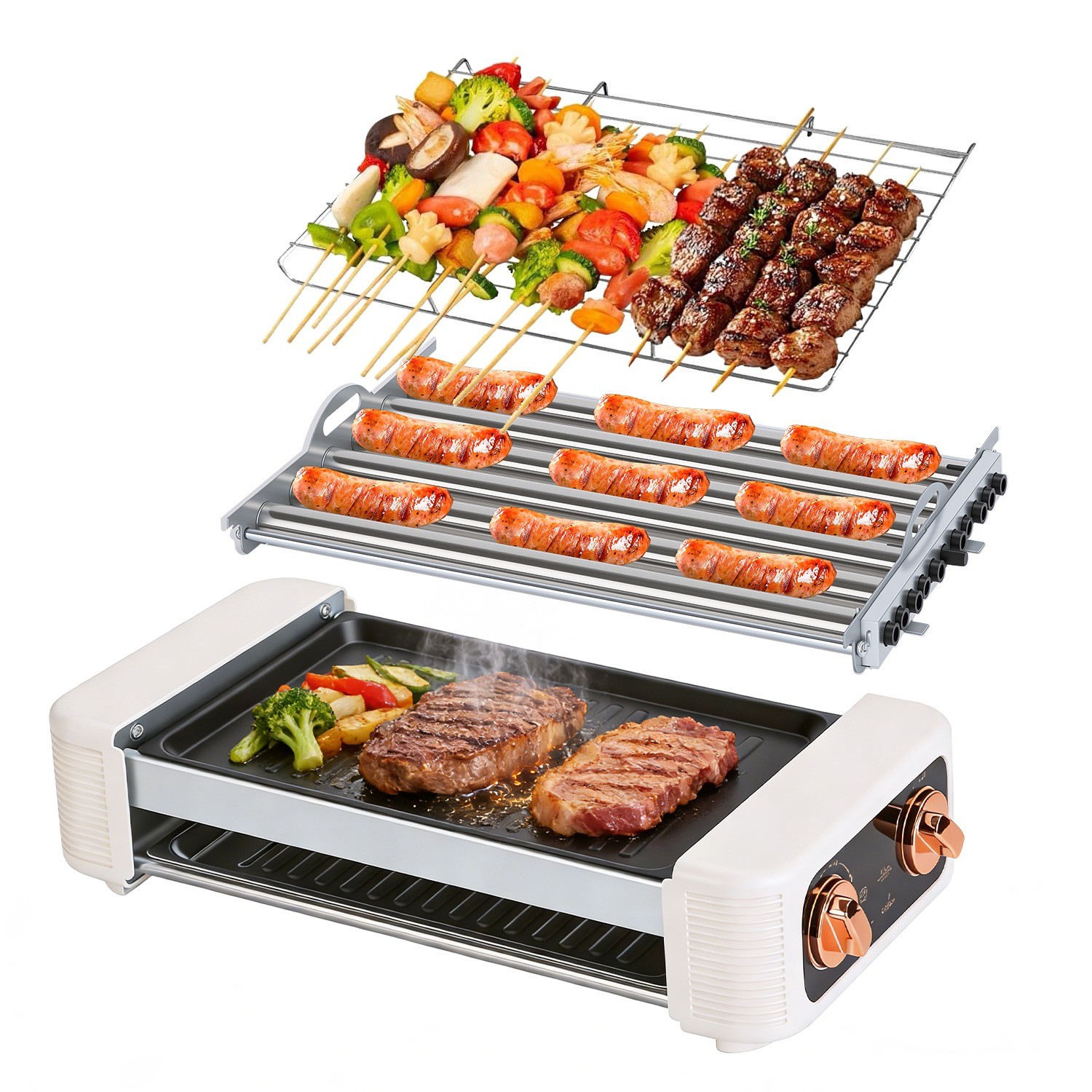 3IN1 Hot Dog Roller Machine with Grill & Griddle Cooker 600W 9 Hot Dog 6 Roller