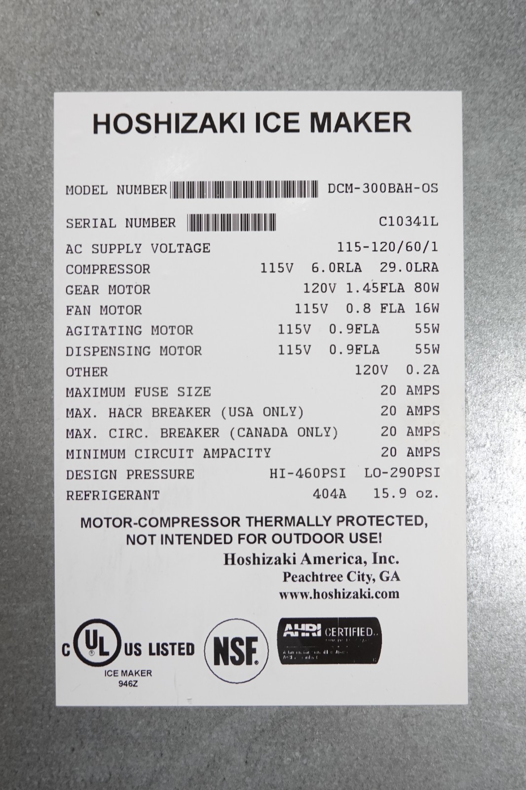 HOSHIZAKI 320LBS AIR COOLED ICE MAKER/ WATER DISPENSER (CUBELET) MODEL DCM-300BA