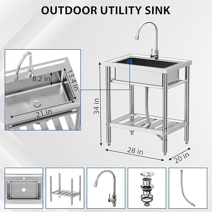 Kitchen Sink Stainless Steel Commercial Sink with Pull-out Faucet 28x20x34 Inch