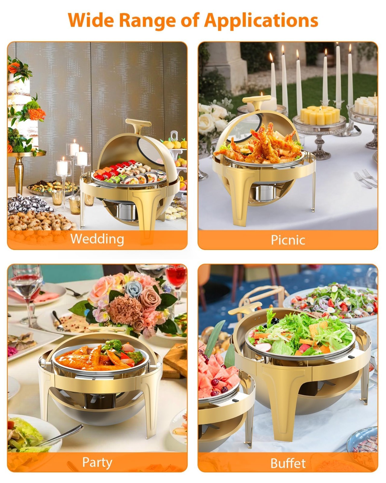 Gold Round Roll-Top Chafing Dish Set Commercial Stainless Steel Buffet Warmer