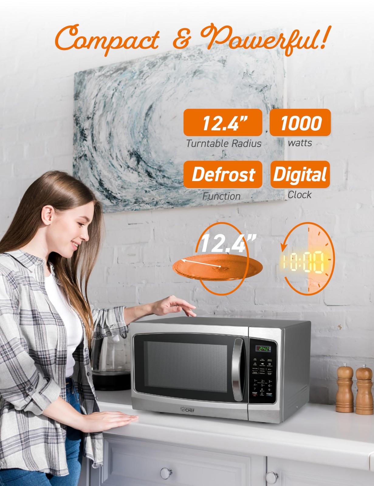 COMMERCIAL CHEF Microwave 1.3 Cu Ft with 10 Cubic Feet, Stainless Steel