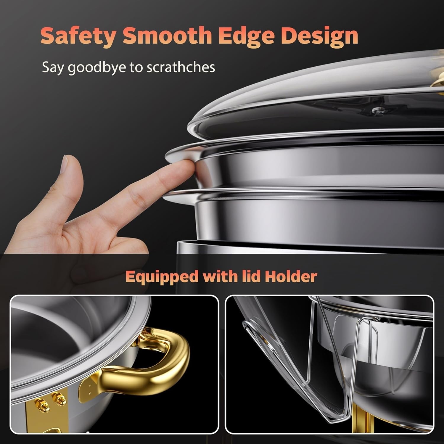 4 Pack 6QT Round Stainless Steel Chafing Dish Set with Glass Lid (Sliver & Gold)