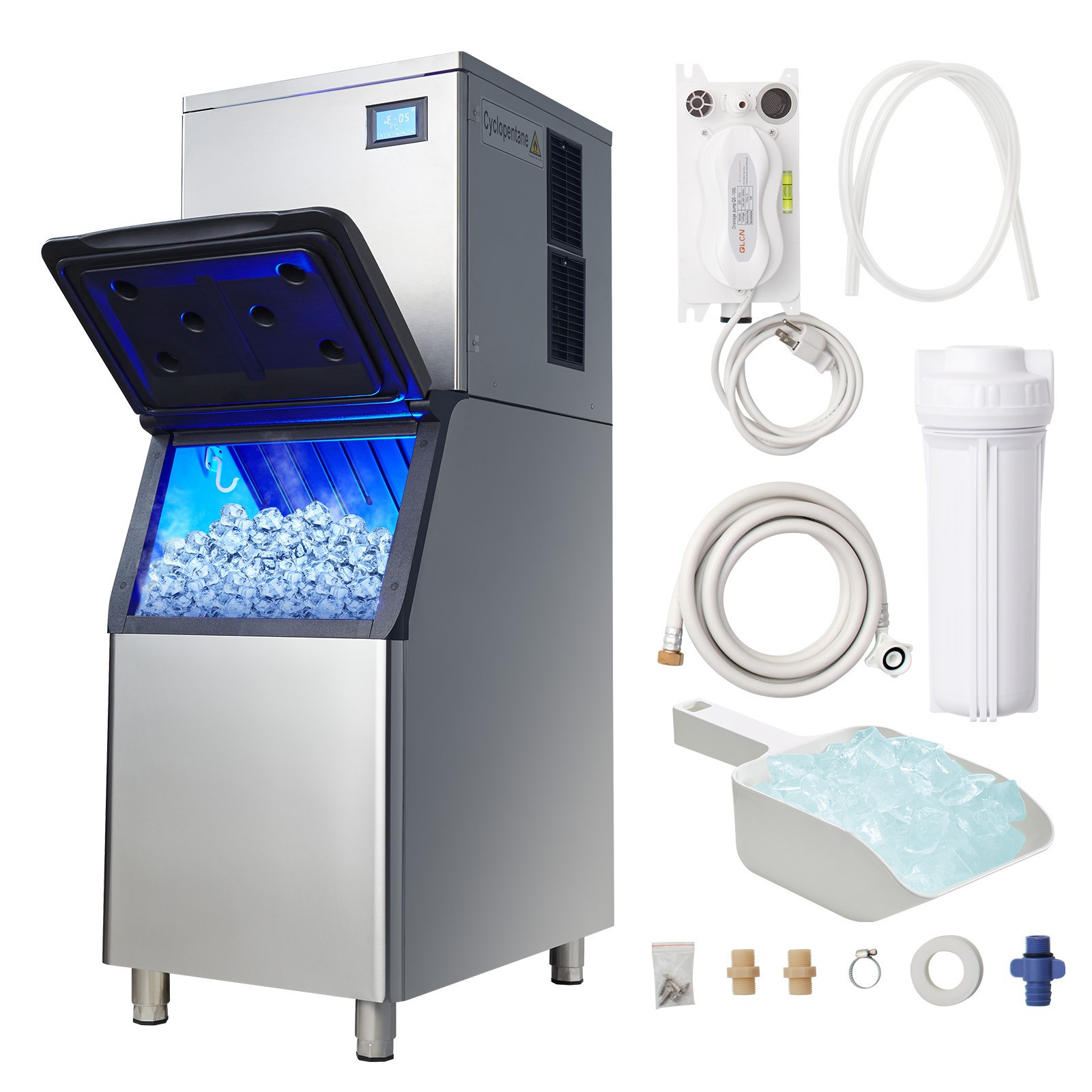 550LBS/24H Commercial Ice Maker 330.7LBS Storage Bin Auto Self-Cleaning