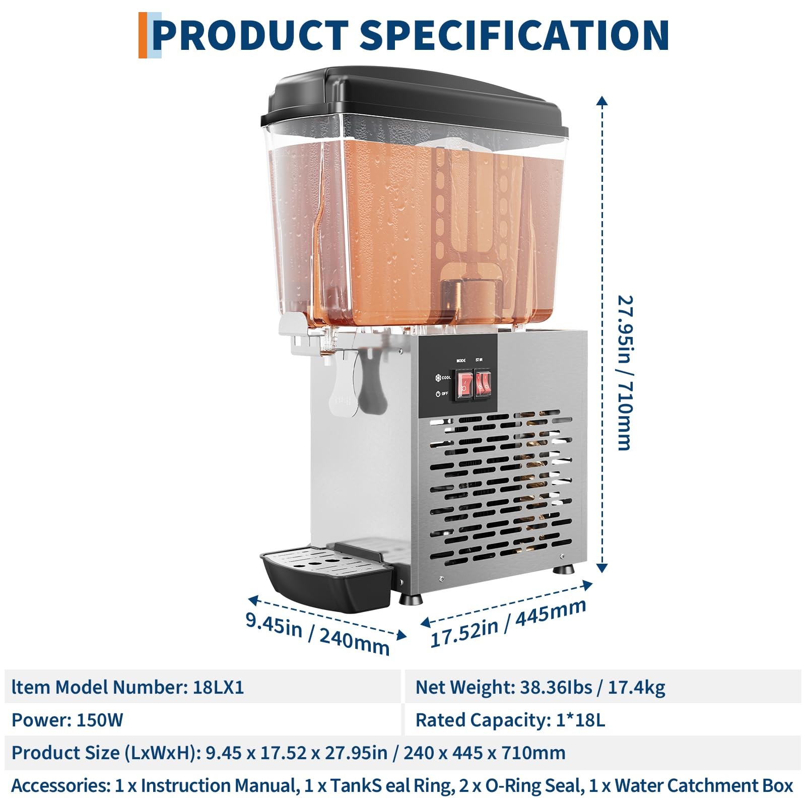 18L Commercial Beverage Dispenser Cold Beverage Dispenser Juice Dispenser 150W