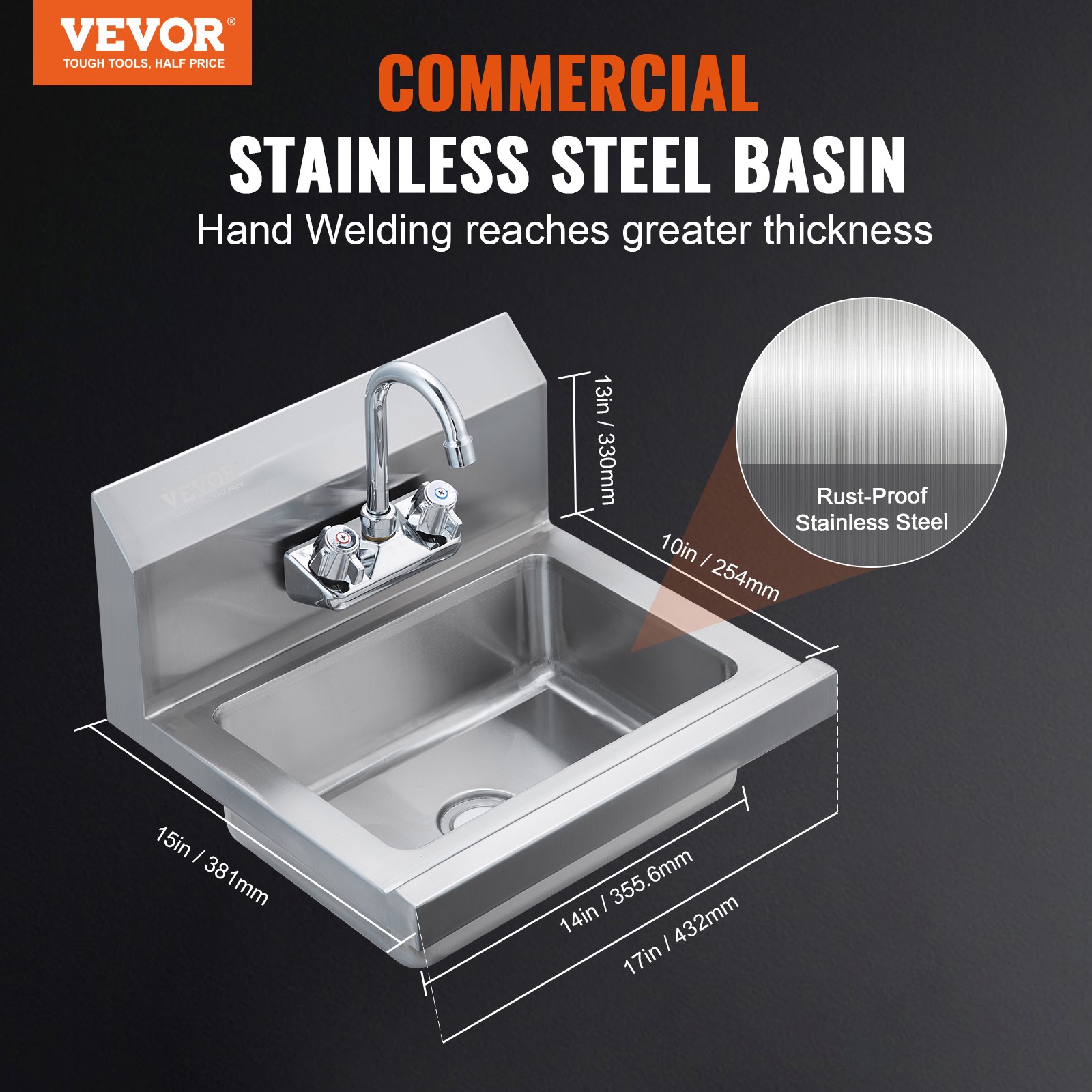 VEVOR 17″x12.8″ Commercial Hand Wash Sink Wall Mount Basin Stainless Steel NSF