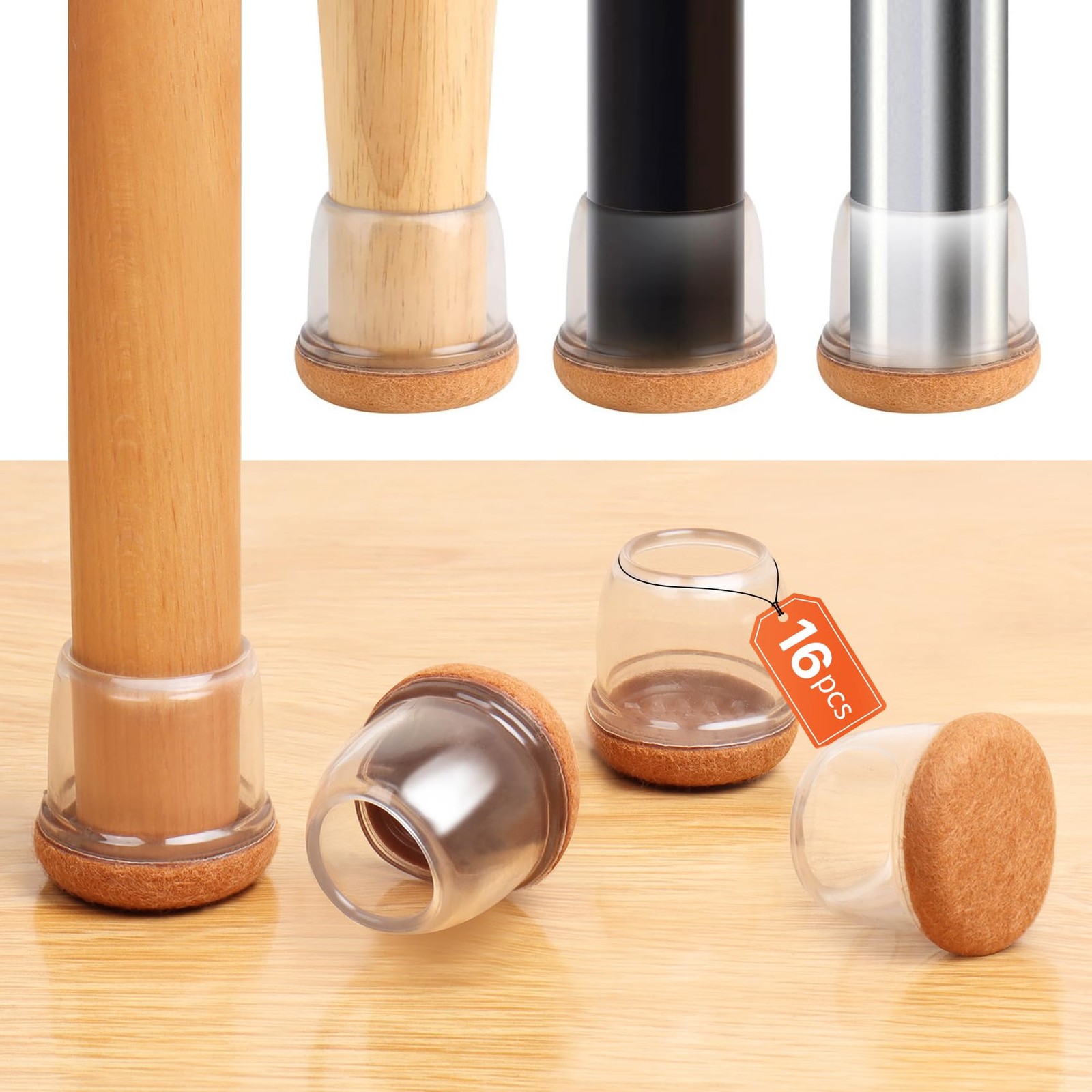 Silicone Chair Leg Floor Protectors M-16PCS-(Fit:0.75-1.1 inch)-Clear, Clear
