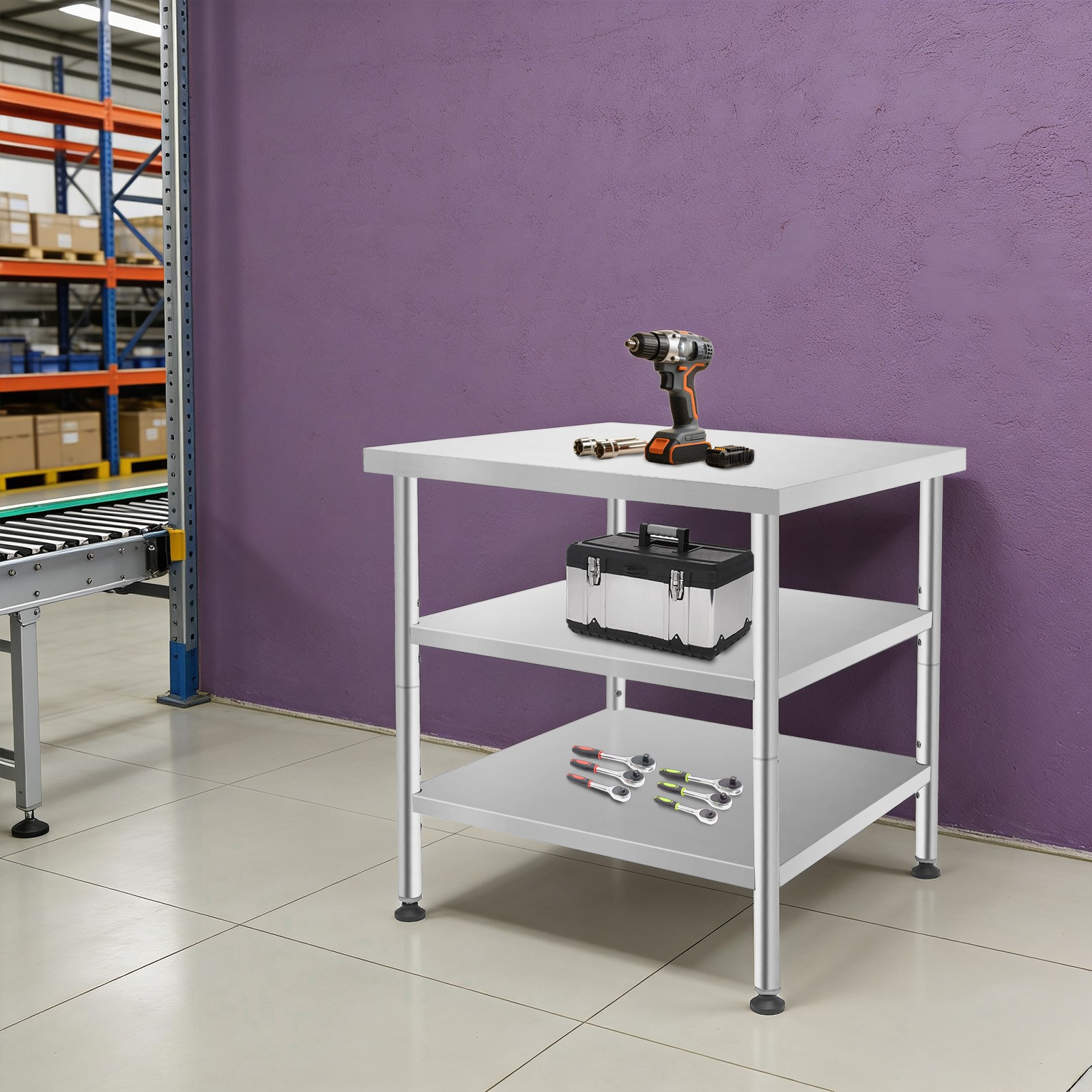 3 Tiers Silver Tool Bench, 30*30*35in Work Table, Garage Workbench With Casters