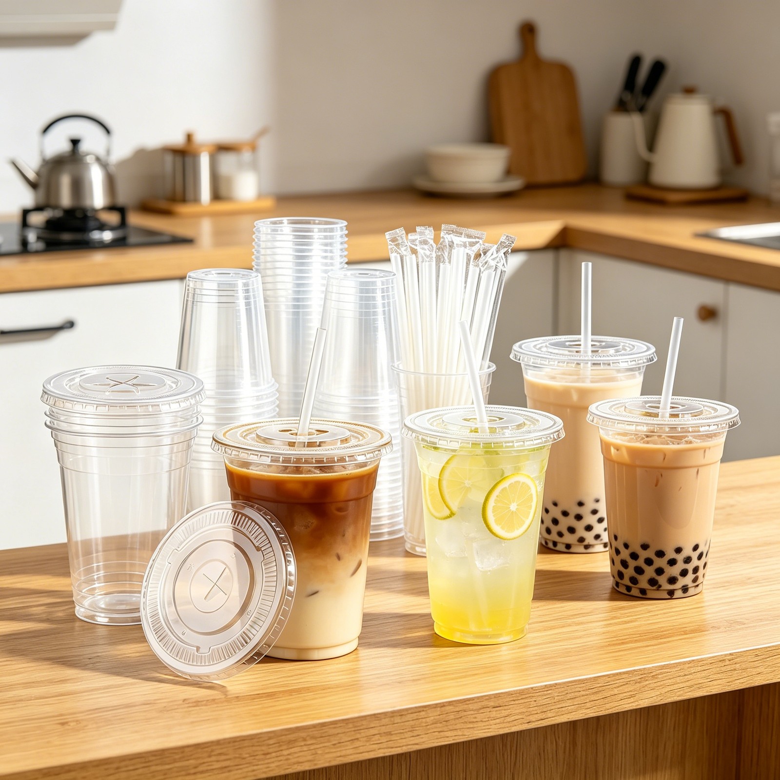 Clear Disposable Plastic Coffee Cups 50 Pack 16-24oz with Lids and Straws