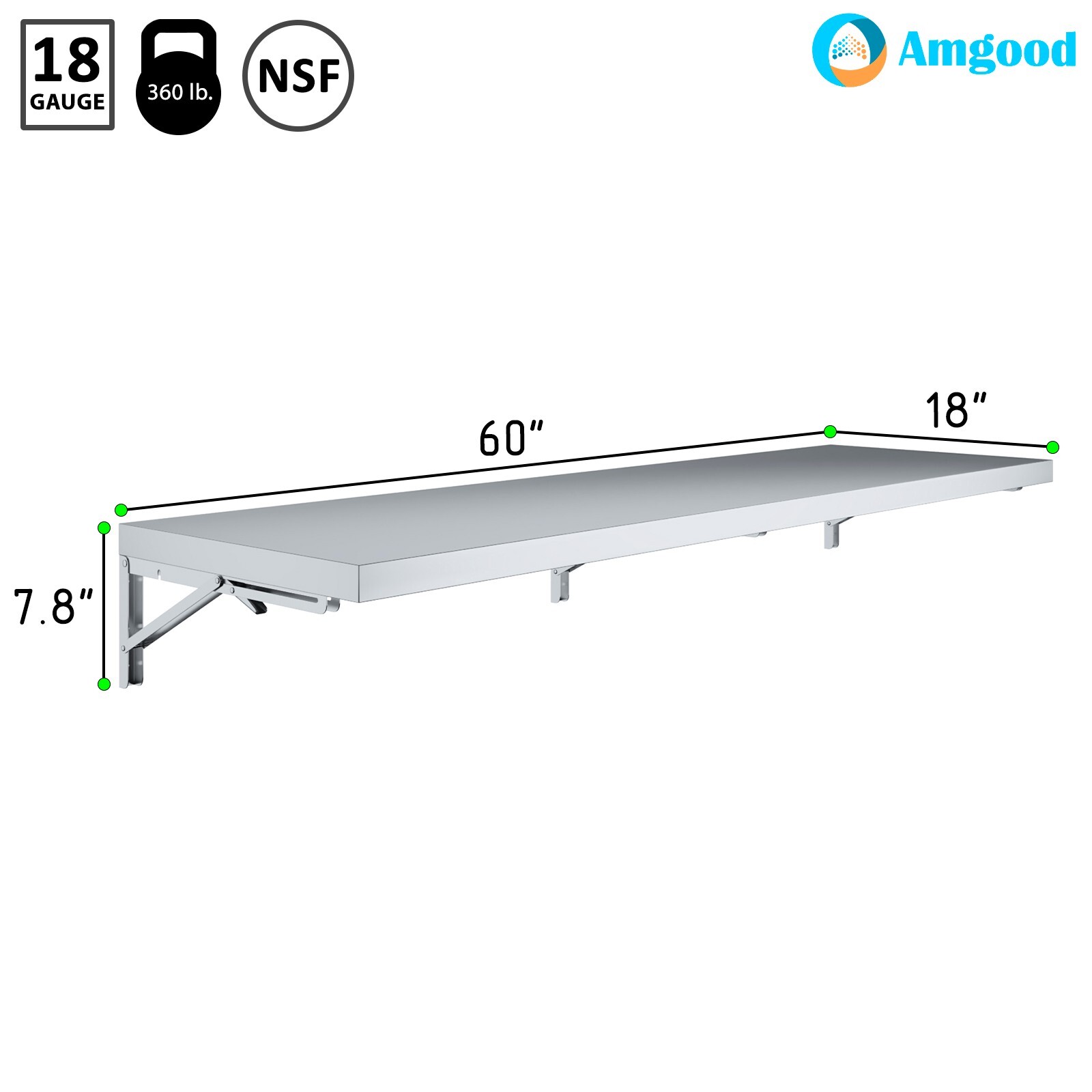 AmGood 18 in. x 60 in. Stainless Steel Folding Wall Shelf