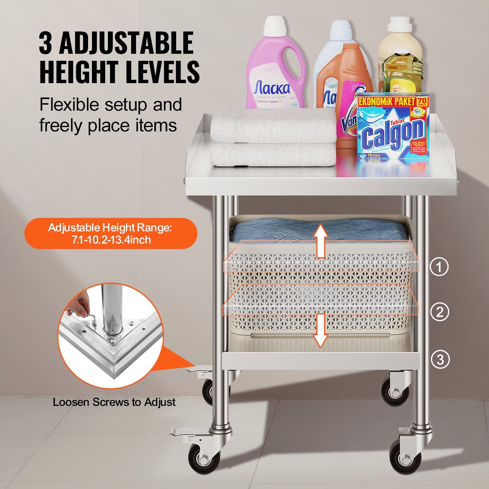 VEVOR Stainless Steel Work Table 24″x24″ Commercial Food Prep Table W/ 4 Casters