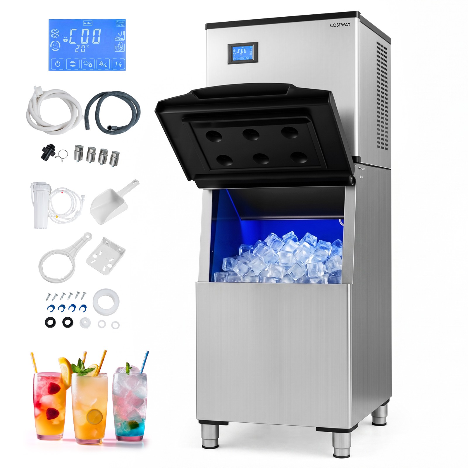 Commercial Ice Maker 450 lbs/24H Ice Machine w/250 lbs Storage Bin Self-cleaning