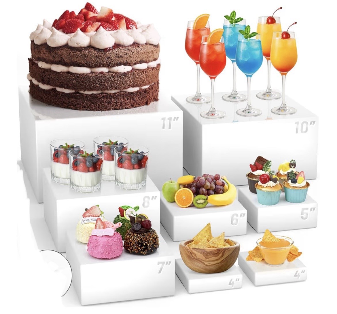 8 Pcs Buffet Food Display Risers – White Acrylic (11″,10″, 8″, 7″,6″,5″,4″, 4″)