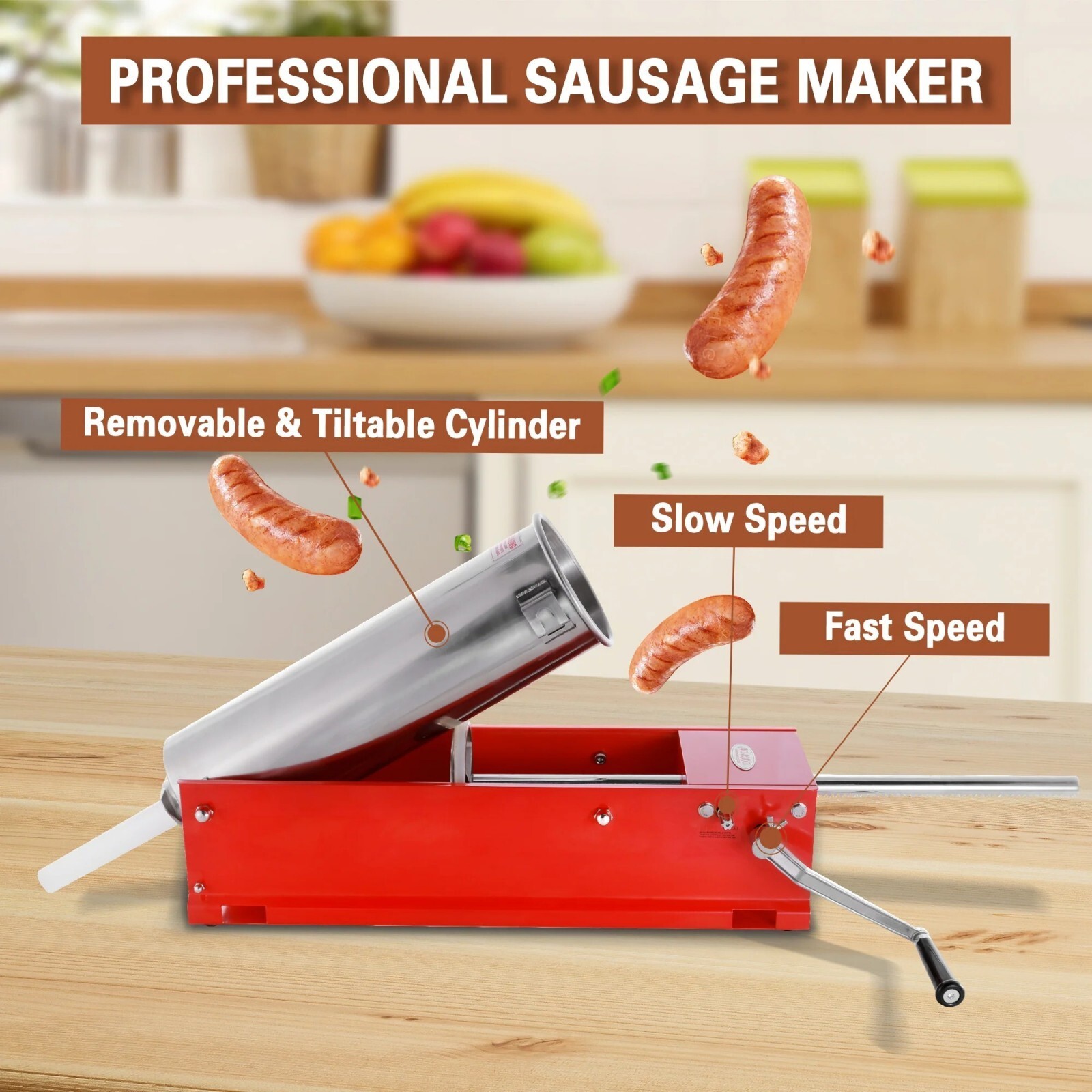 Hakka 3L Sausage Stuffer 2 Speed Horizontal 7lb Meat Press Maker Filling Machine