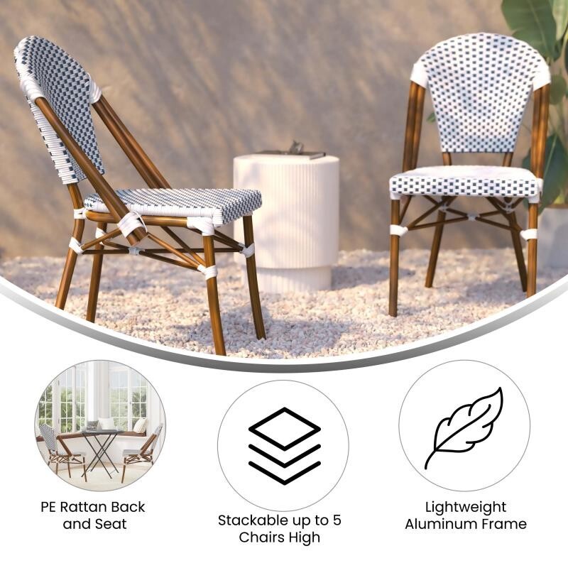 2 PACK Bistro Style White & Navy Armless Dining Chair With Bamboo Aluminum Frame