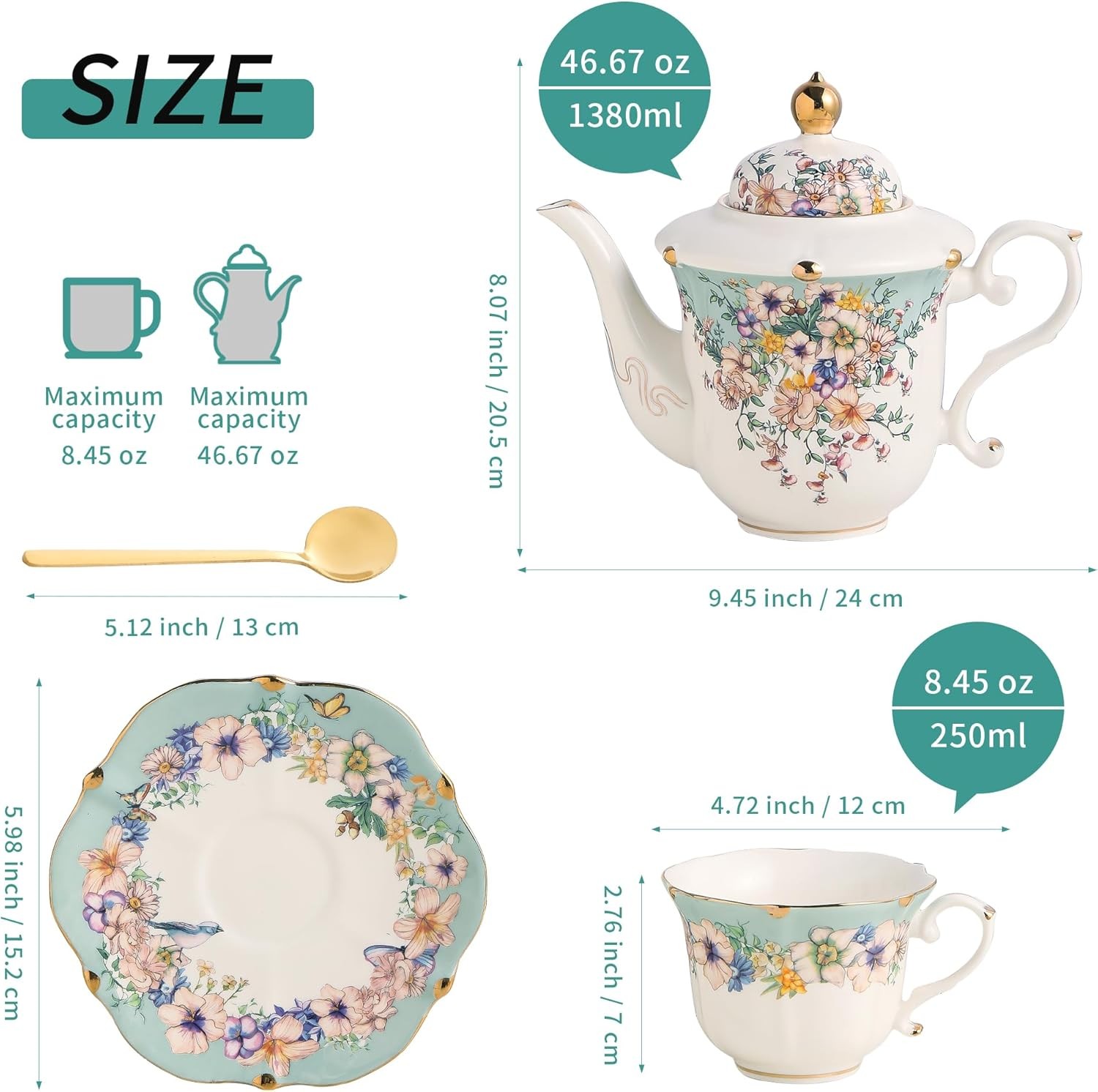 Country Roses Porcelain Tea Set, European Ceramic tea set for adults,Vintage