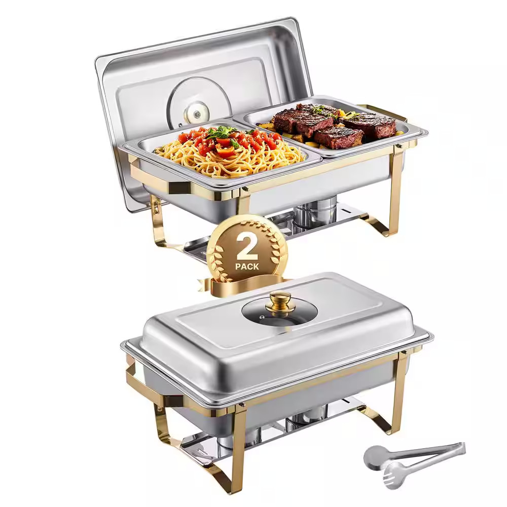 Chafing Dish Buffet Set, 4 Qt. Silver 2 Pack Stainless Steel with 4 Half Size Di