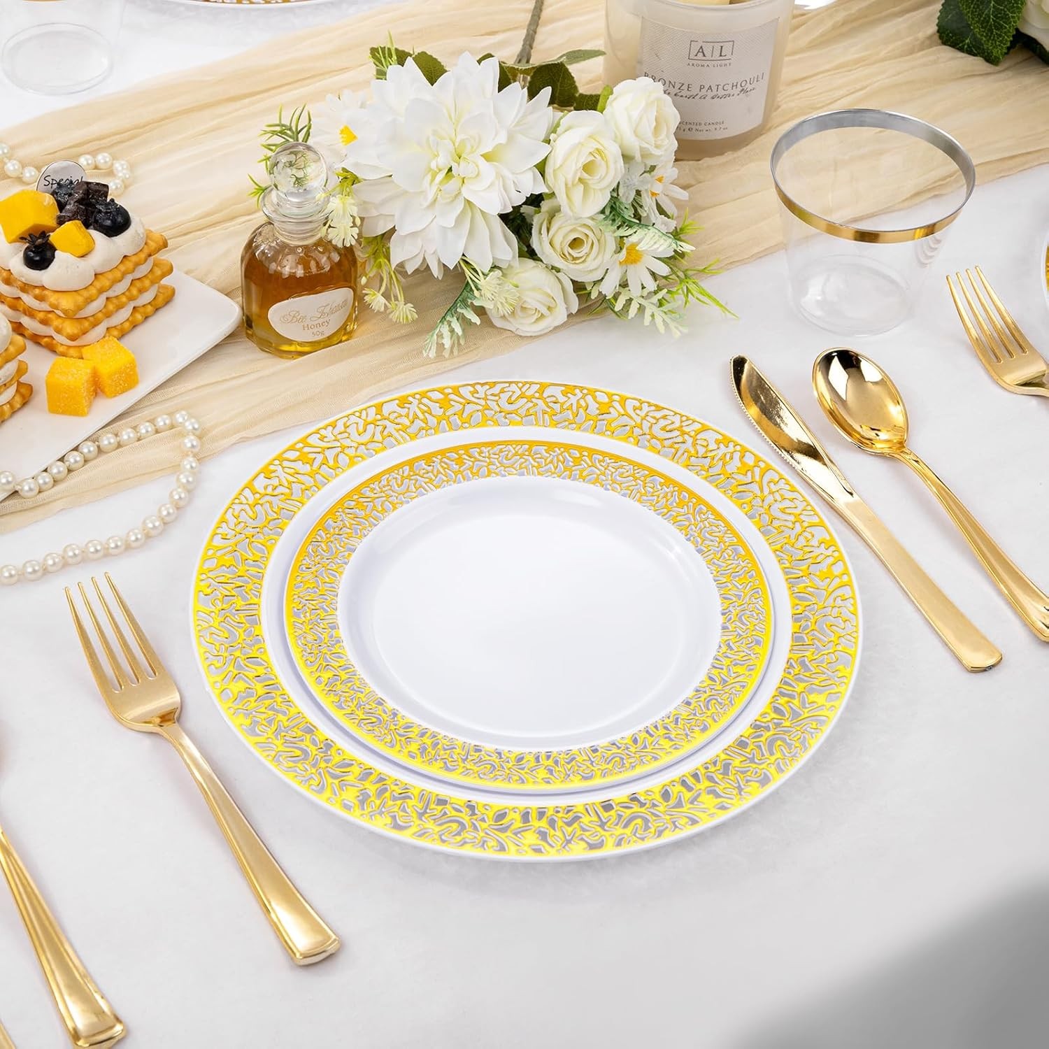 210Pcs Gold Plastic Dinnerware – Disposable Silverware and Cups, Include:30