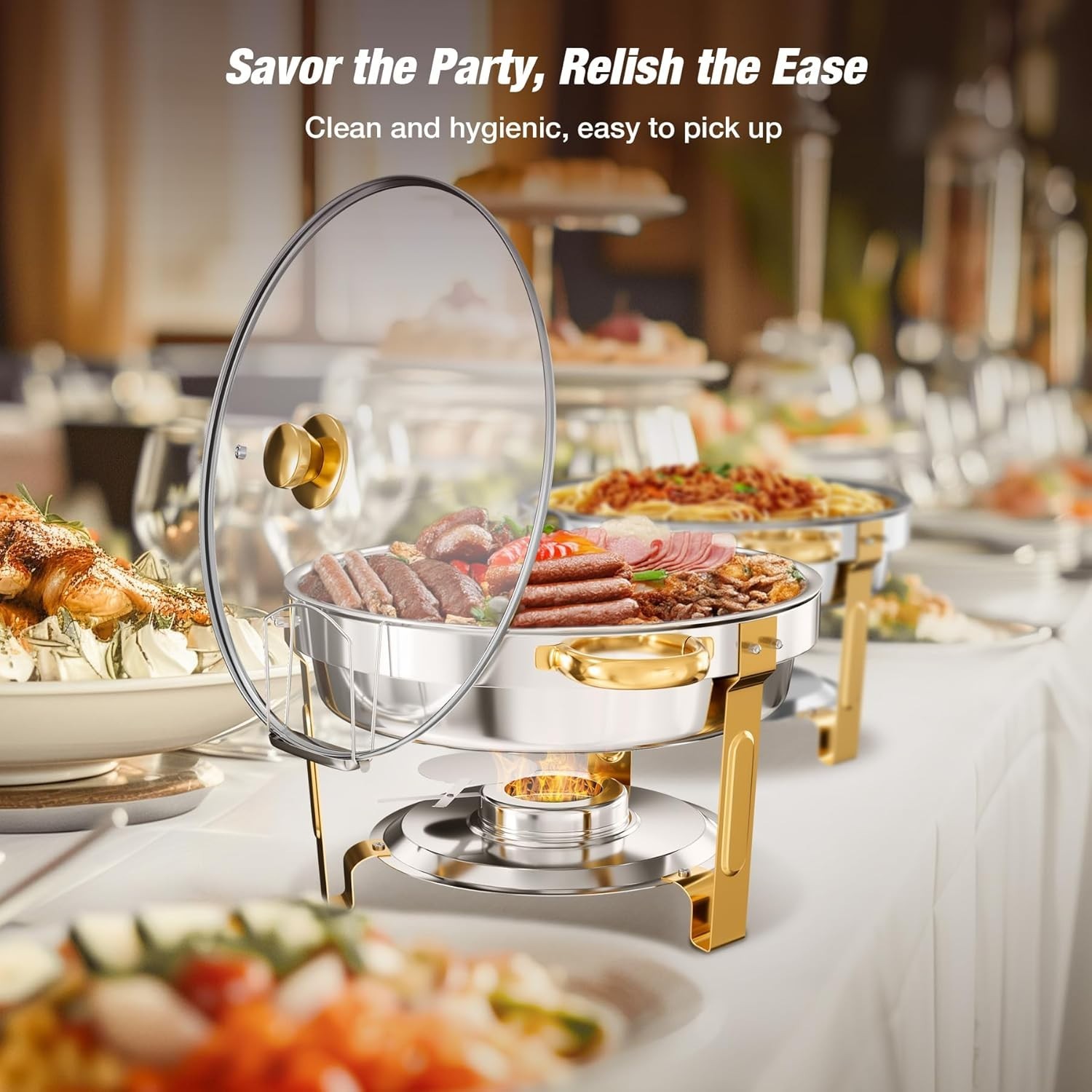 6QT Stainless steel Chafing Dish Buffet Set with gold plum blossom dining clips