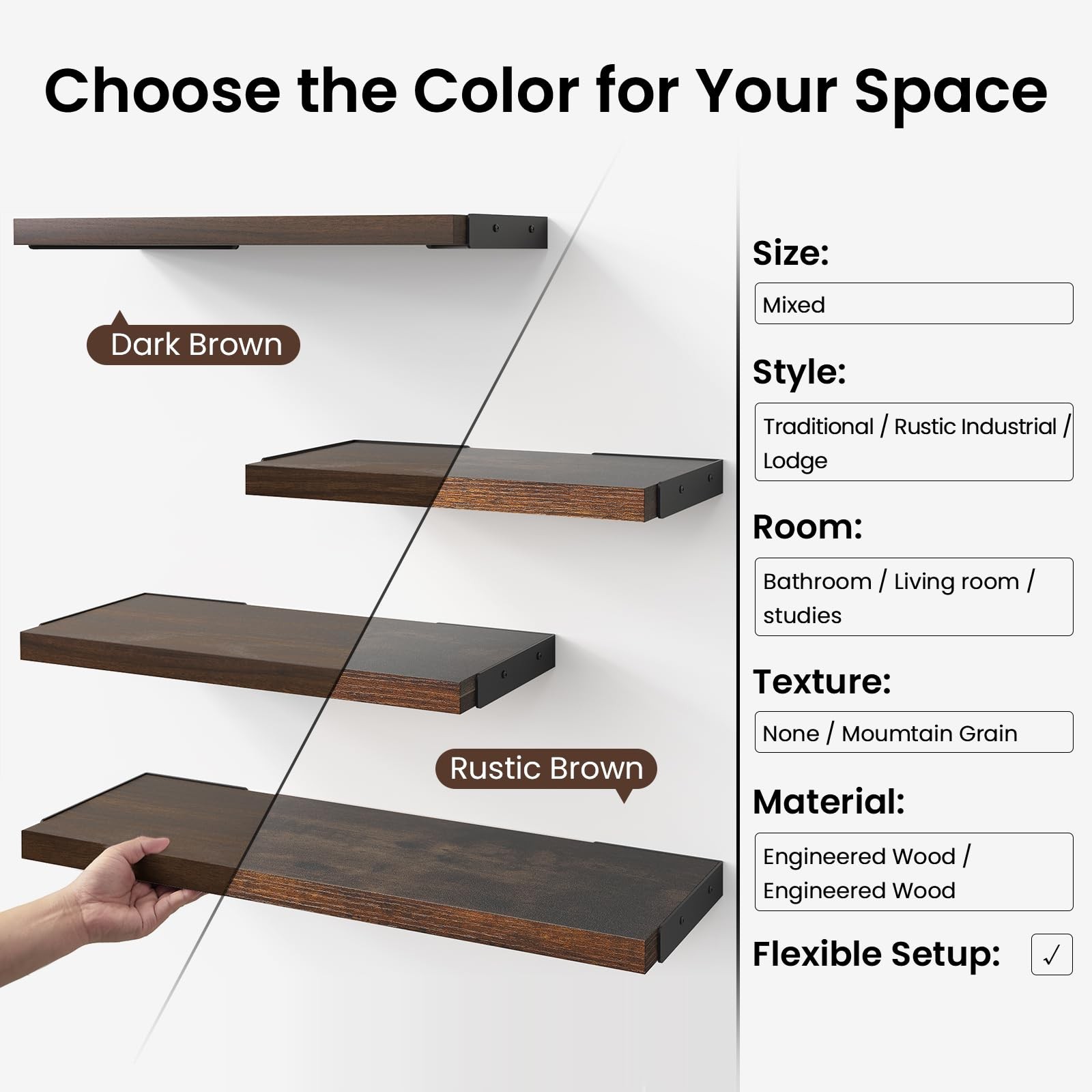 BAYKA Wall Shelves for 16-inch Mixed, C. Rustic Brown Board & Black Brackets