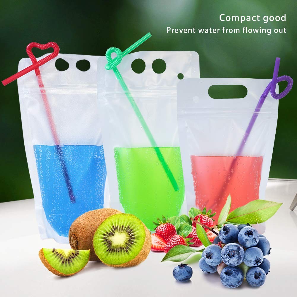 Drink Pouches For Adults, Reusable Zipper Bags With 50PCS Reusable Straws