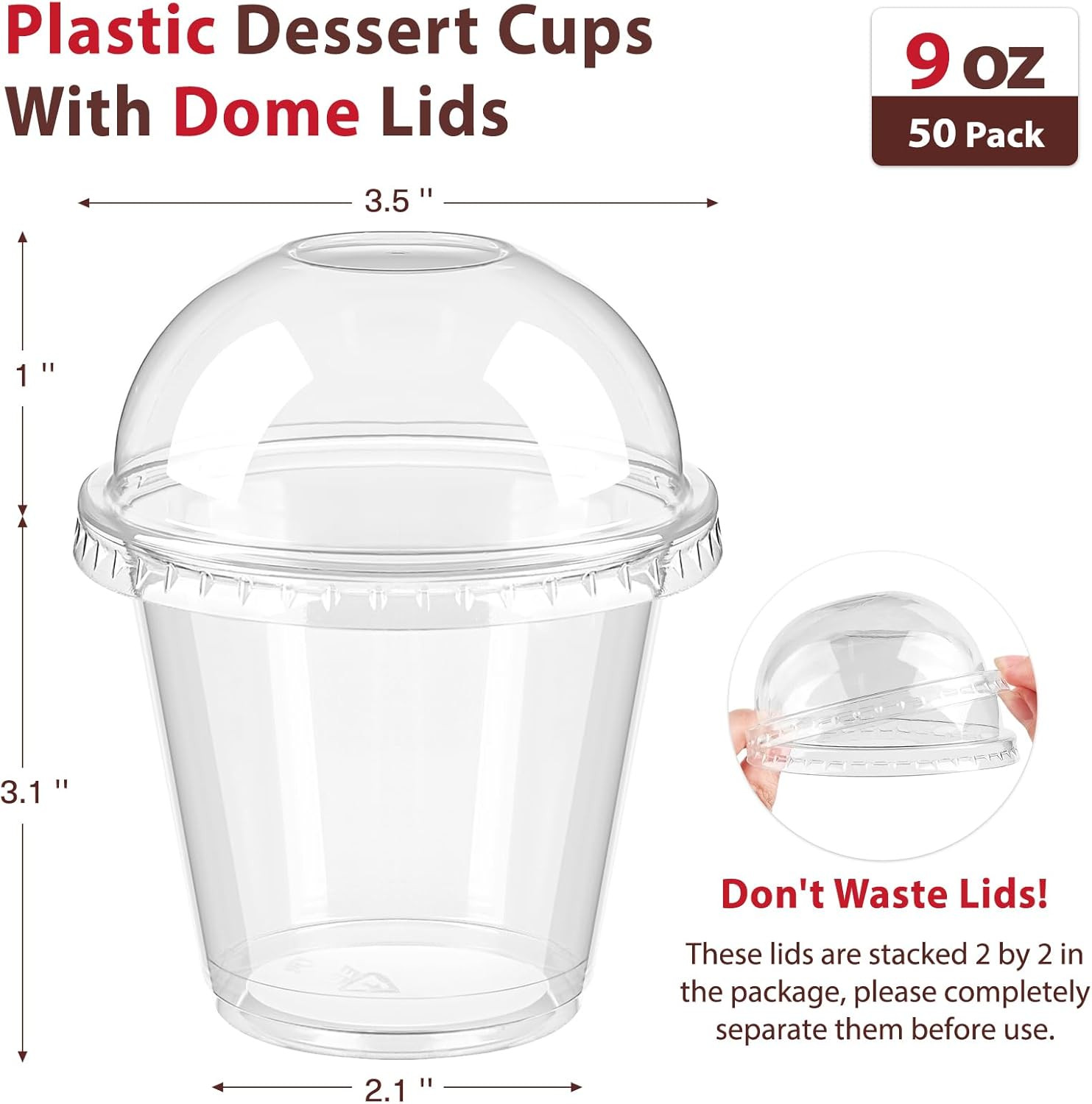 50 Pack 9 Oz Clear Plastic Dessert Cups with Dome Lids No Hole, Small Parfait Cu