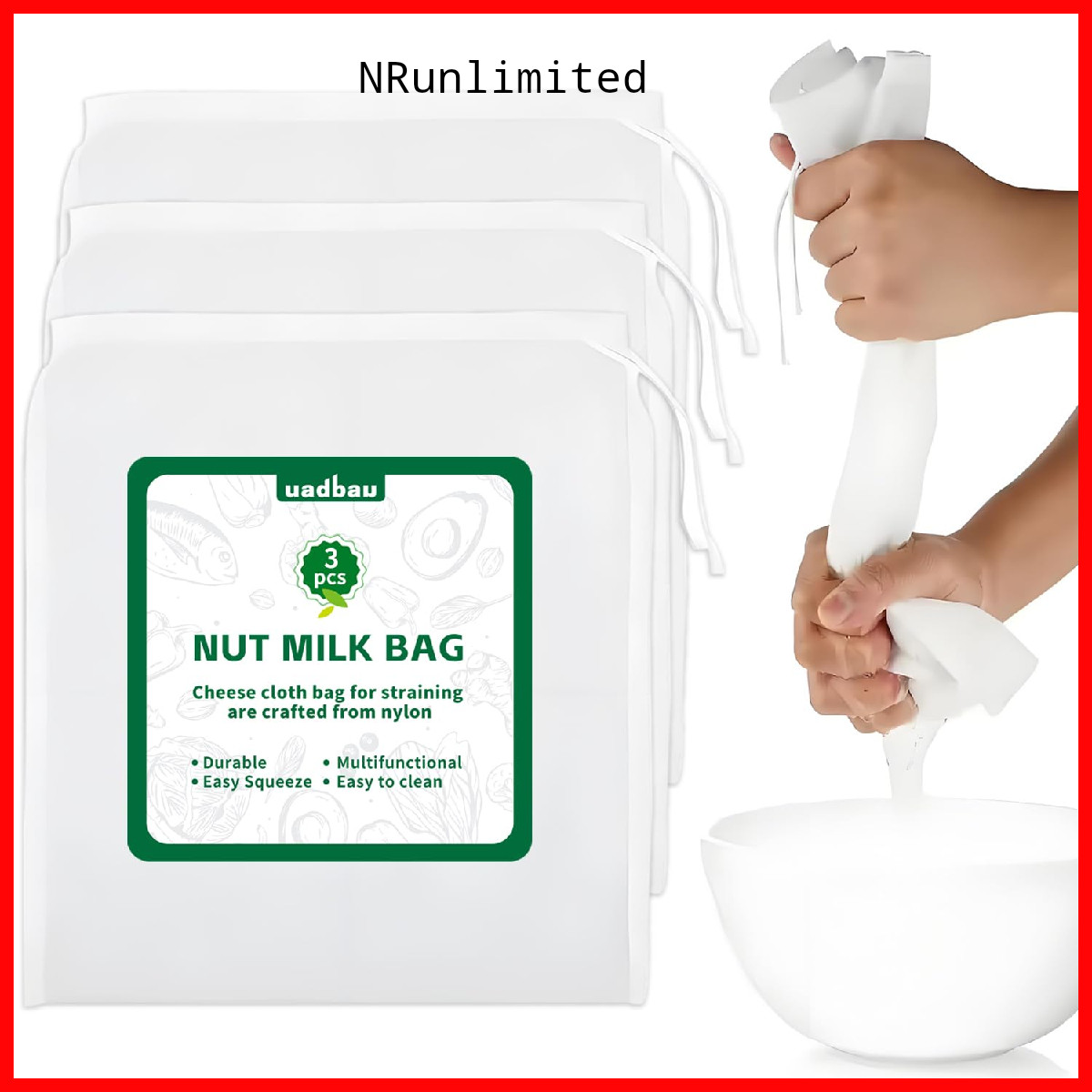 Uadbau 3Pcs Cloth Bag For Straining 200-Mesh 12 X 12 Inches Nylon Nut Milk Bag