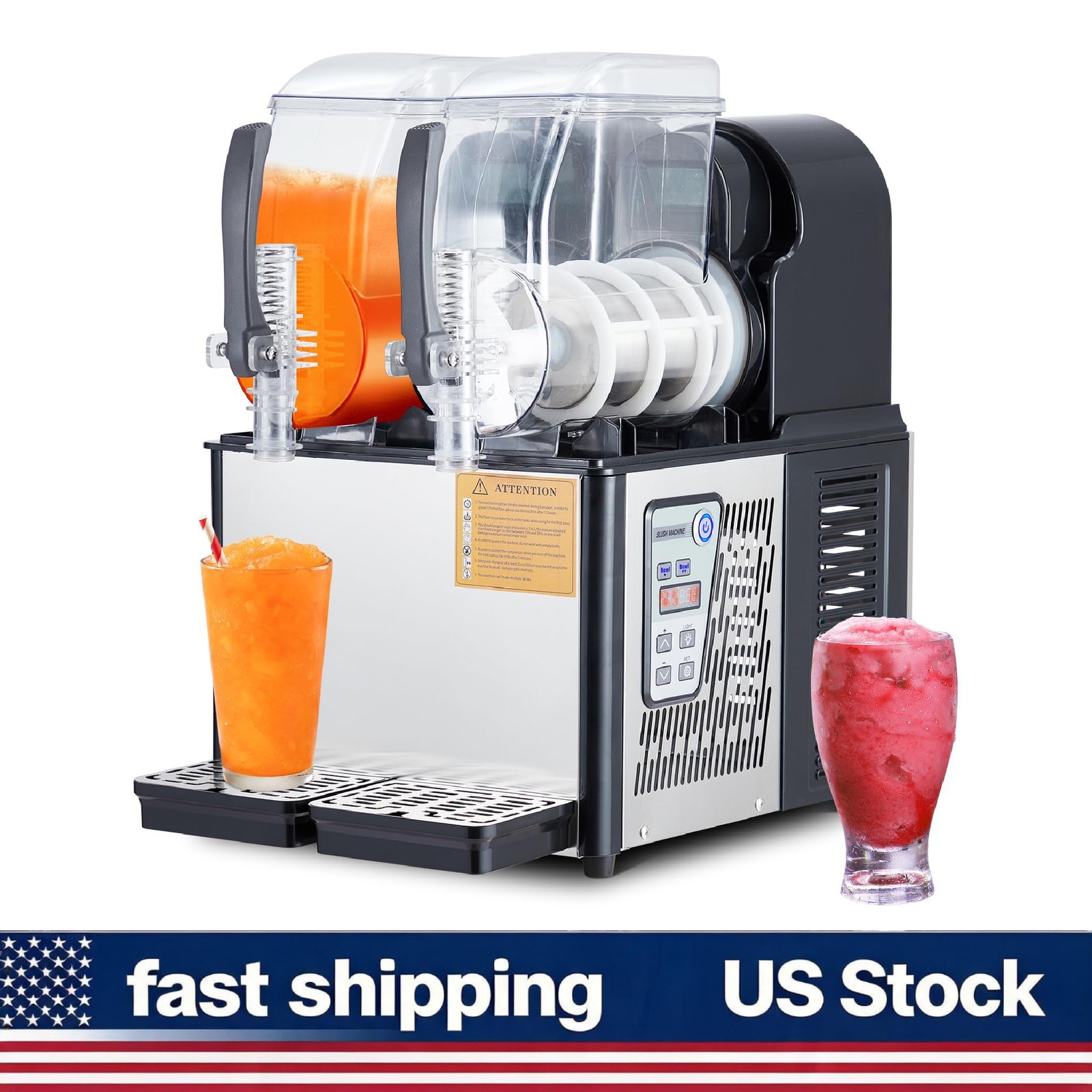 7.2L Dual 4L Commercial Slushie, Self-Cleaning, 370W, SS, Carbon Steel Handle