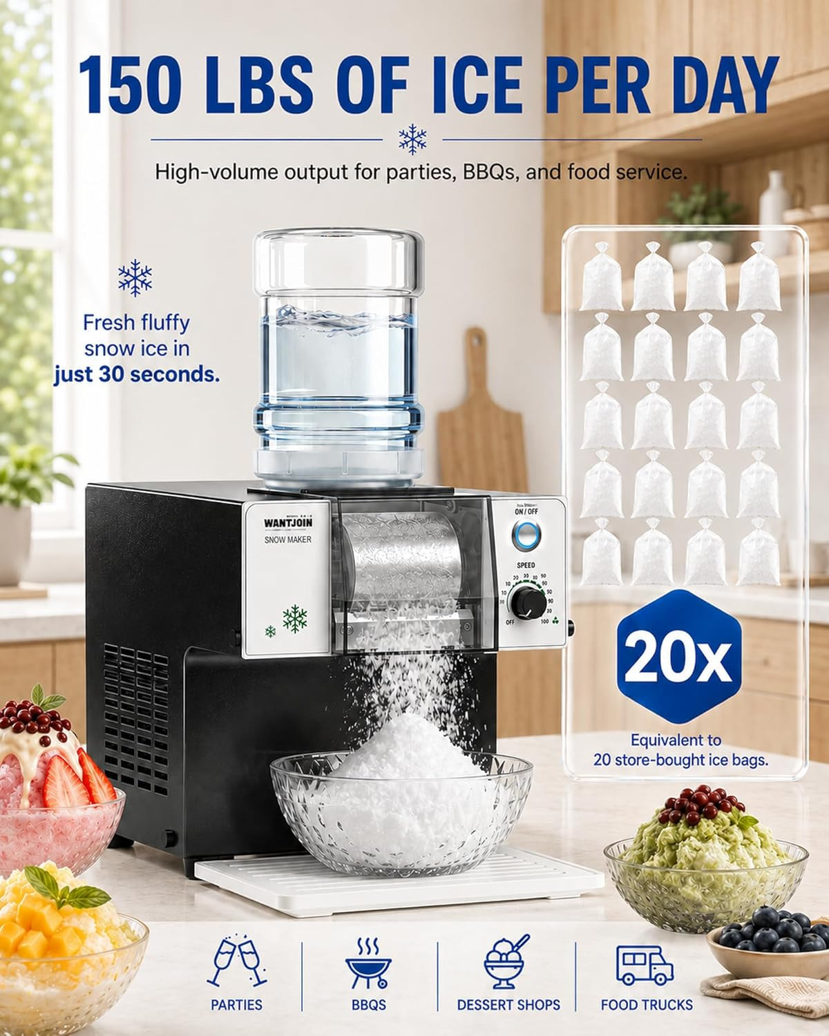 150LBS/24H Commercial Snowflake Ice Machine – Adjustable Texture, Fast Cooling