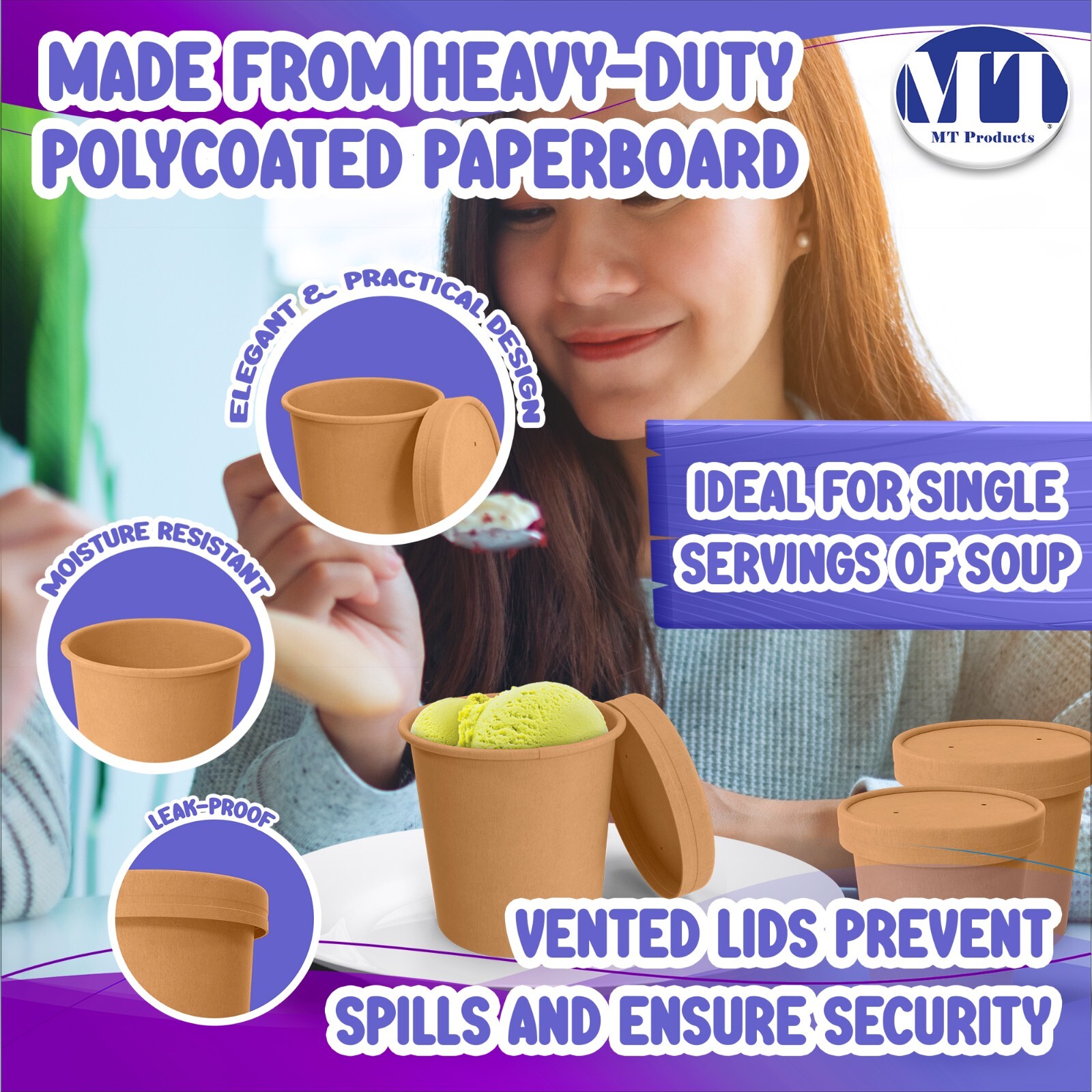 MT Products 12 oz Kraft Paper Soup Cups with Plastic Lids – 20 Cups and Lids
