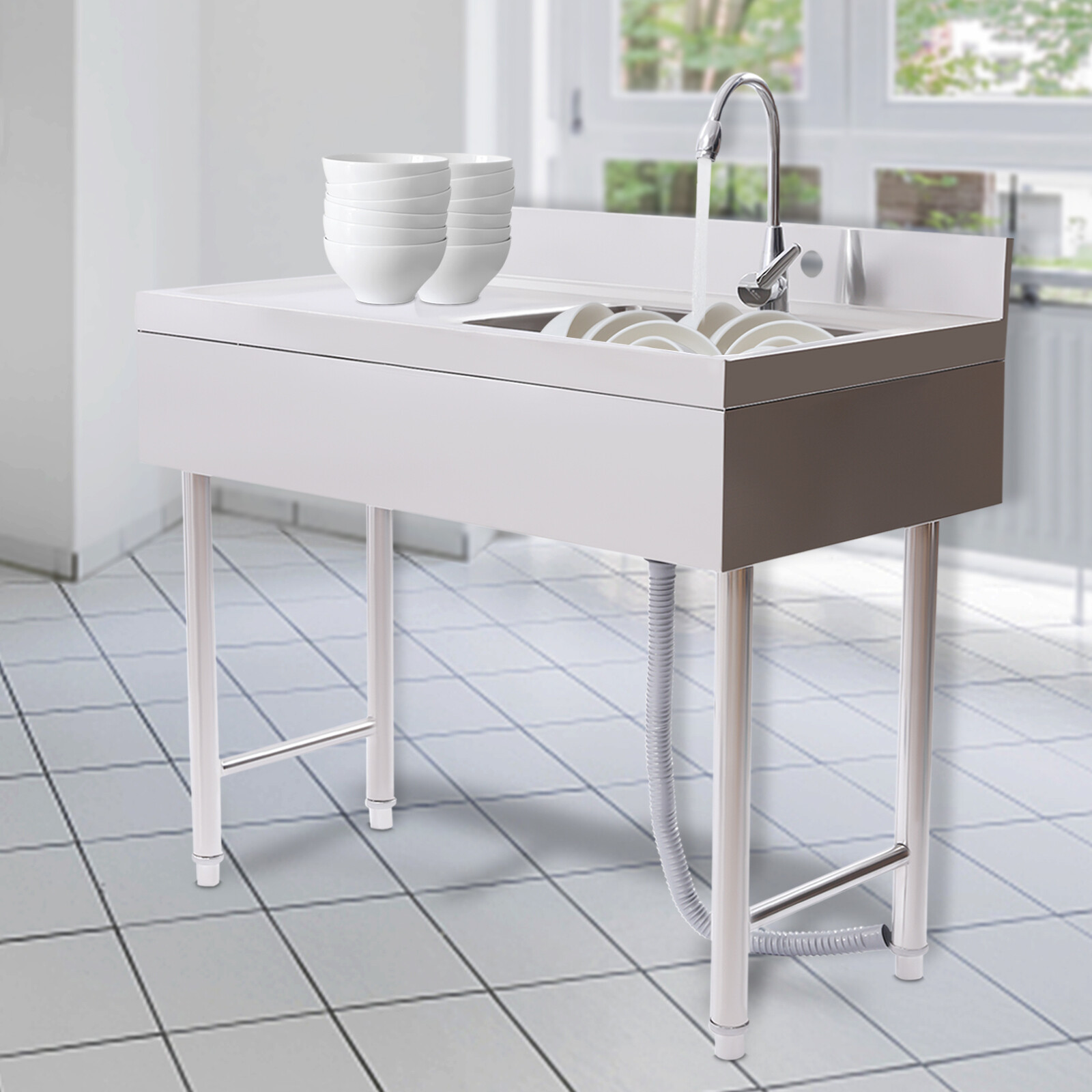 Stainless Steel Utility Sink Single Bowl Free Standing Kitchen Sink Farmhouse