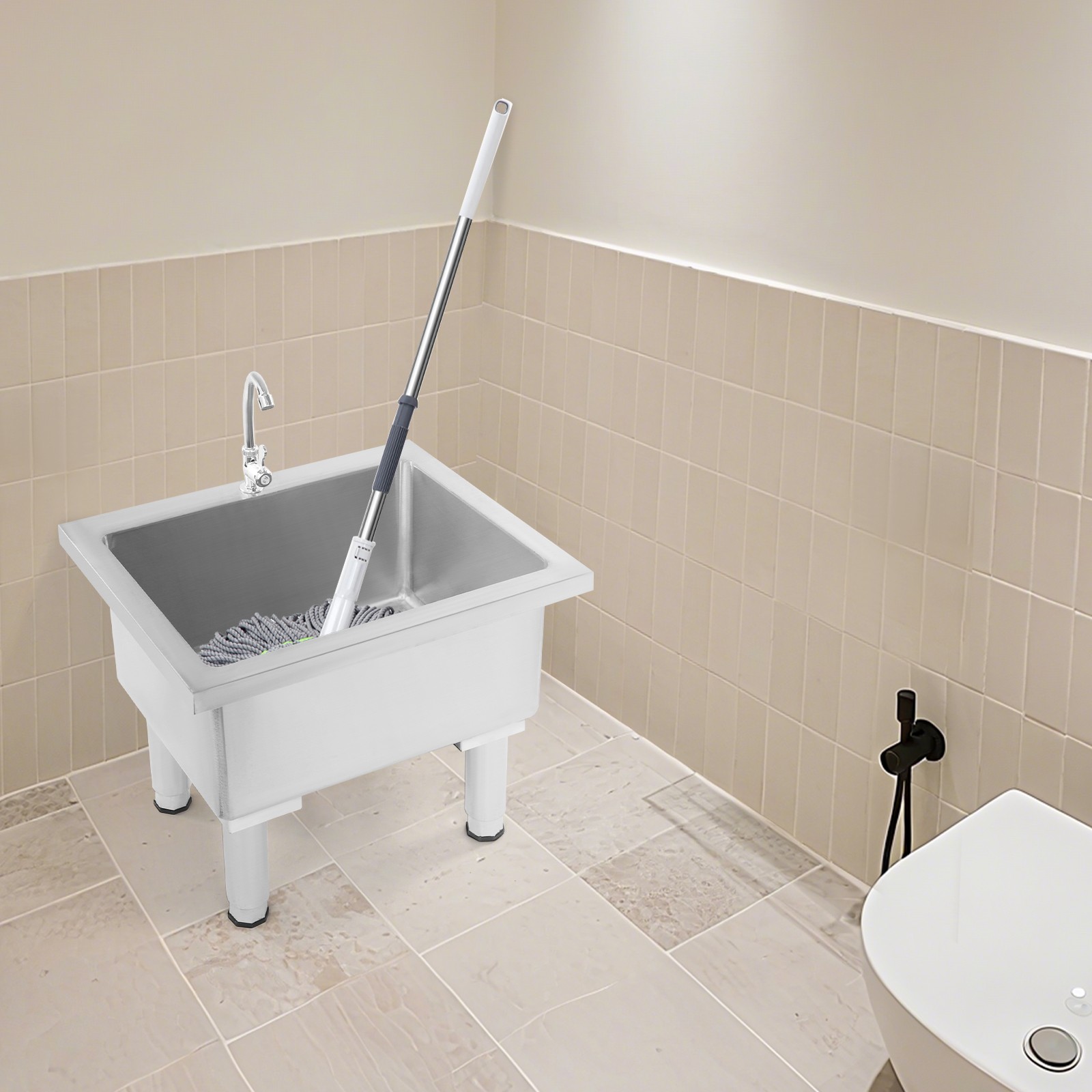 Floor Mount Mop Sink, 60*50*50cm Mop Cleaning Sink, Stainless Steel Mop Sink