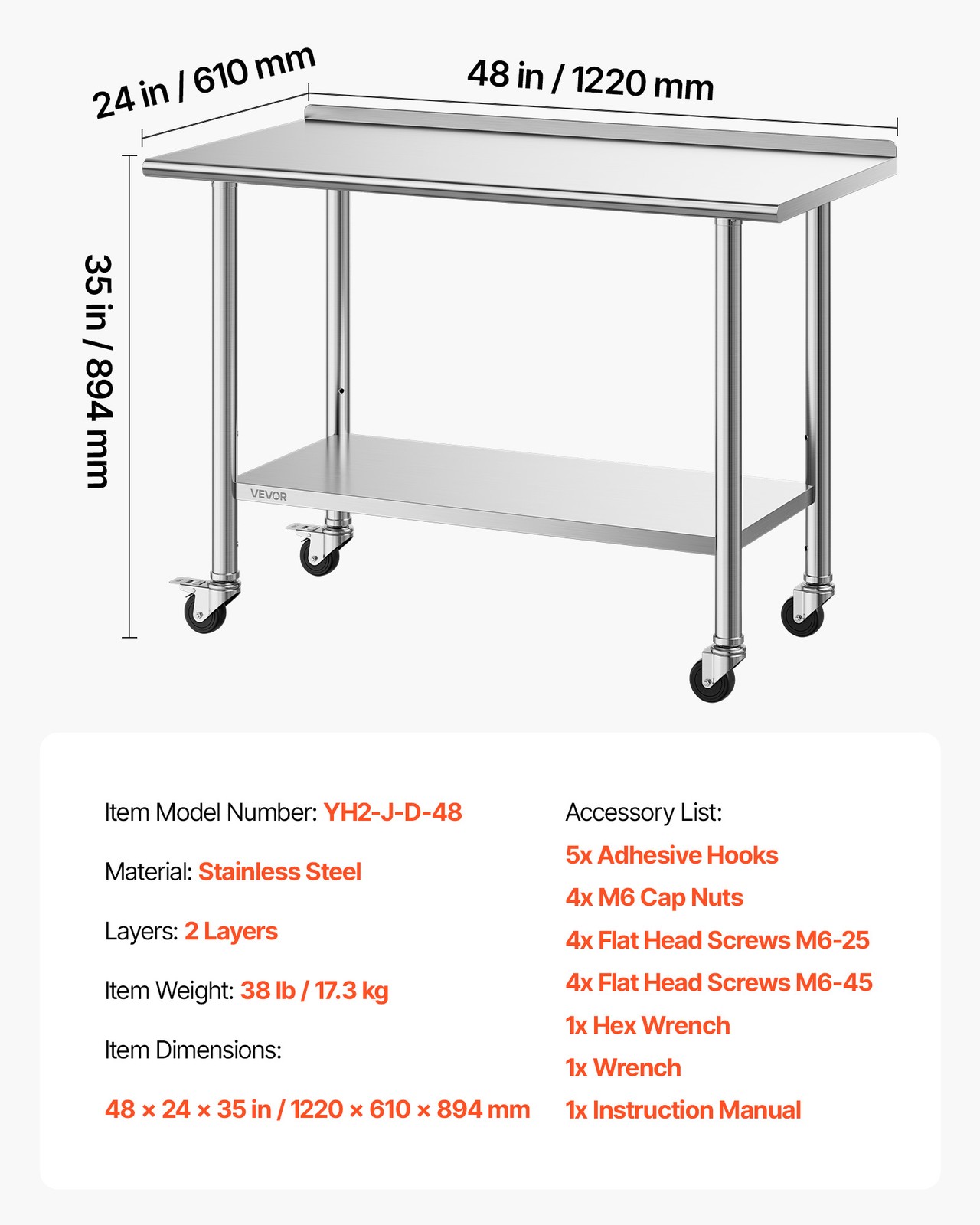 VEVOR Commercial Stainless Steel Table Kitchen Catering Prep Table 24×48 Inch